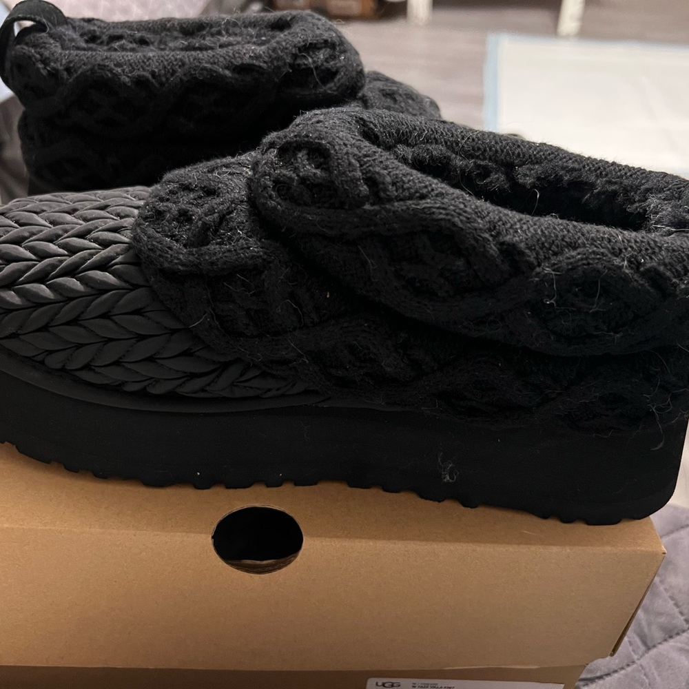UGG Black Quilted Knit Platform Slip-Ons
